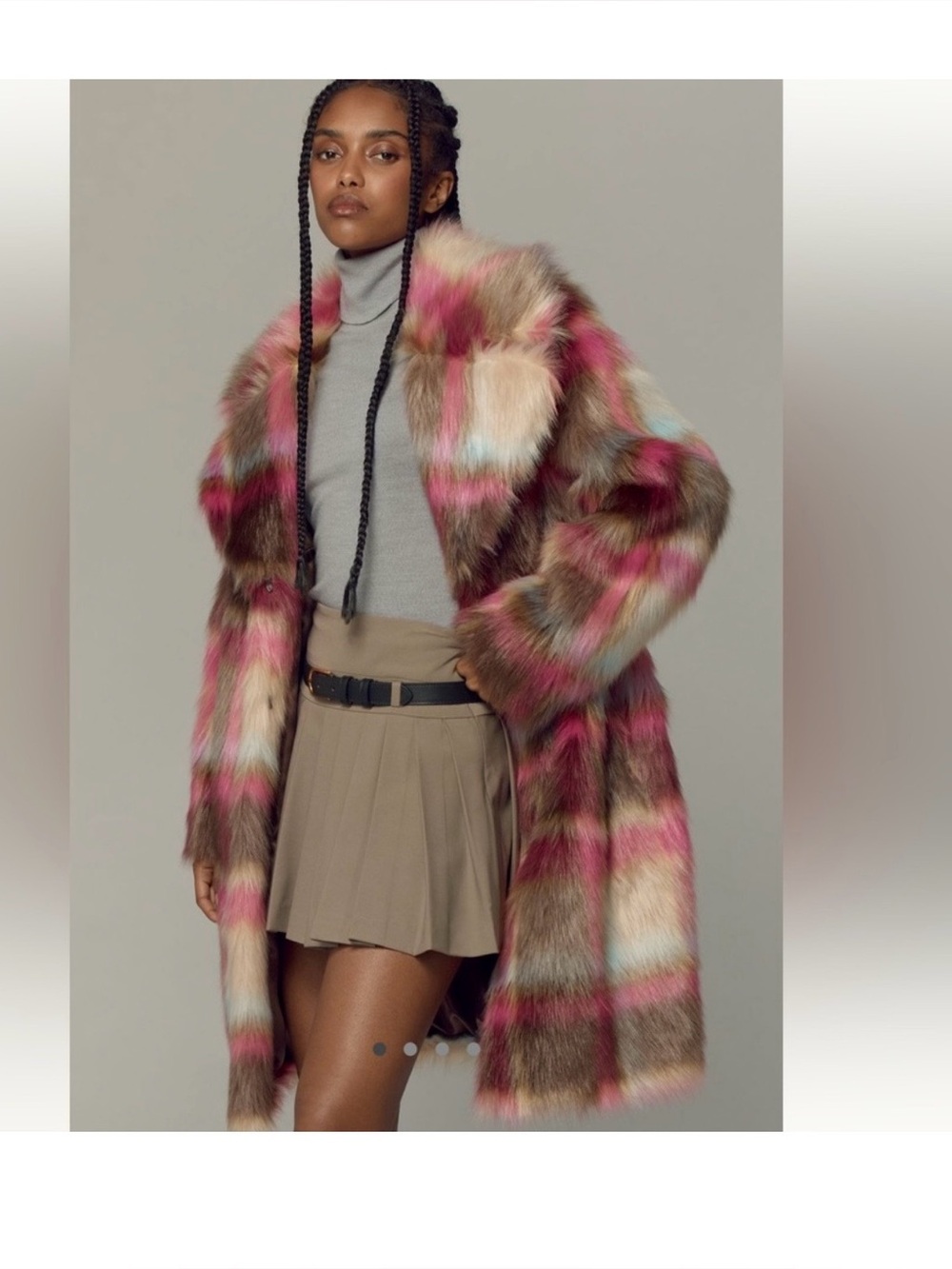 NVLT Multicolor Faux Fur Plaid Coat in Pink, Brown and Cream
